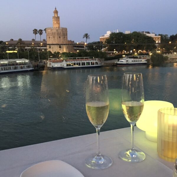 vista panoramica de la ciudad con dos copas de cava