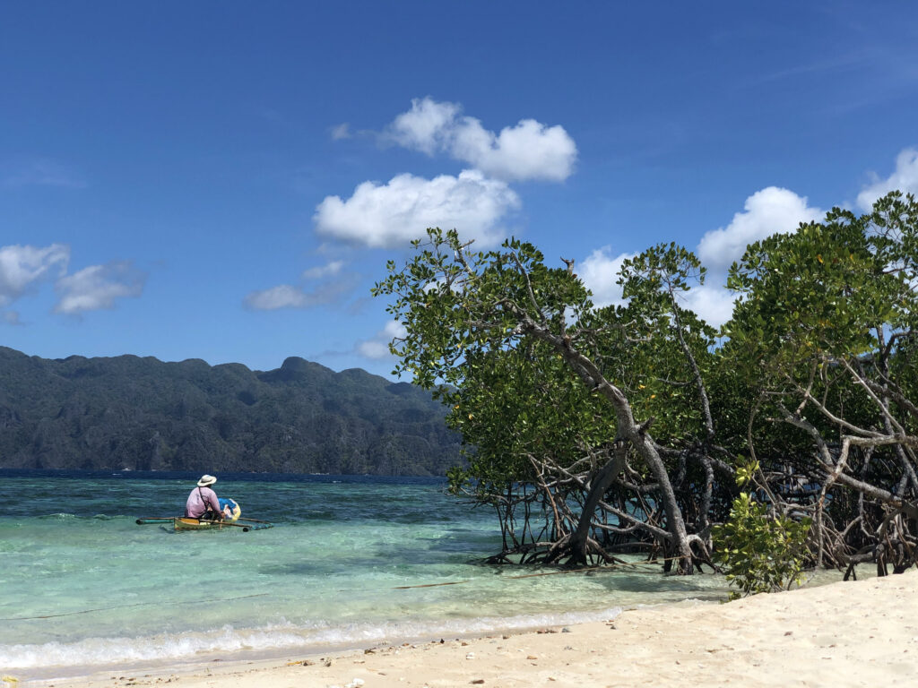Paisaje de isla paradisíaca, con agua turquesa, manglar y filipino en barca típica.
