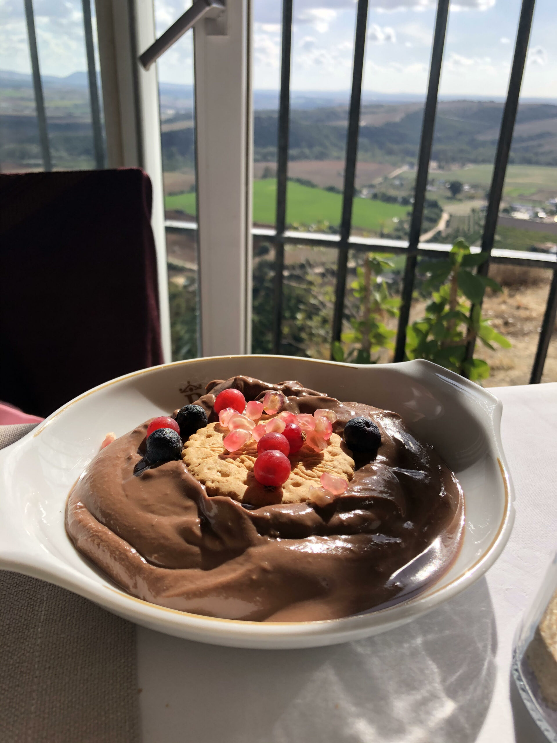 plato de natillas de chocolate con galletas delante de un ventanal con vistas a la sierra